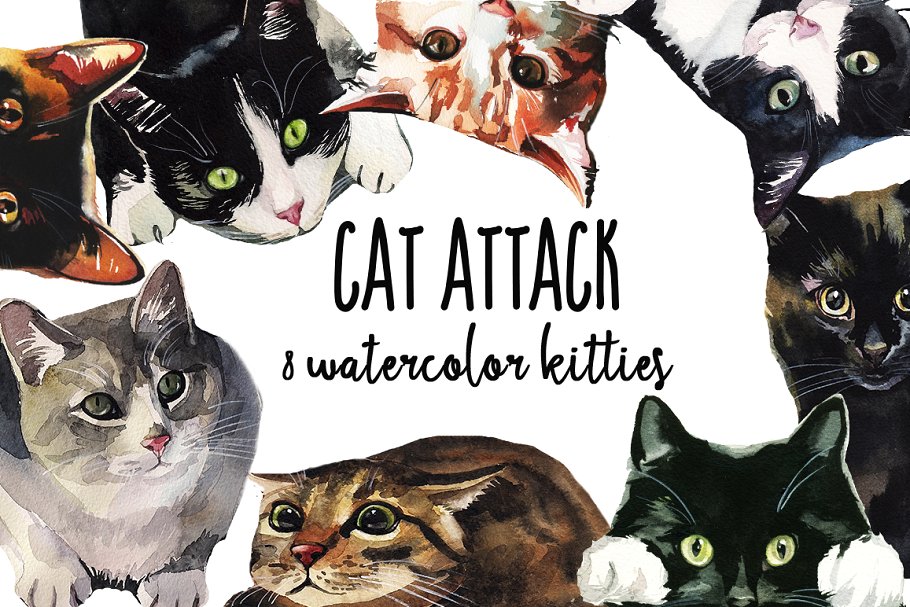 8款愤怒的小猫水彩剪贴画 Cat Attack Watercolor PNG Collection插图