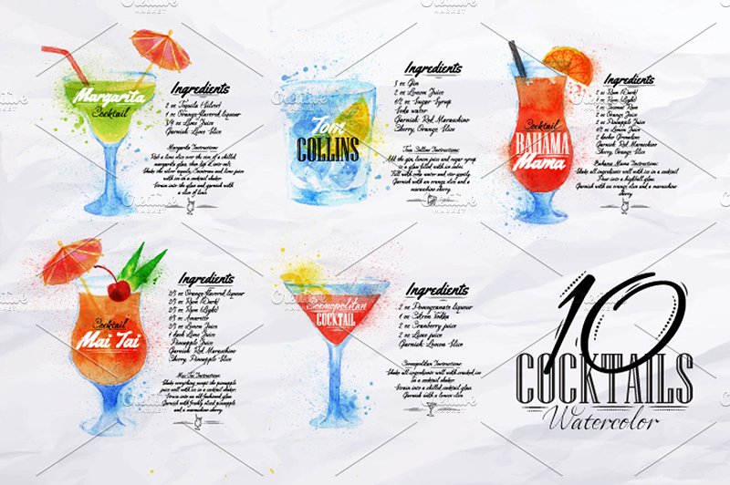 鸡尾酒水彩画矢量图形 Cocktails watercolor插图(1)