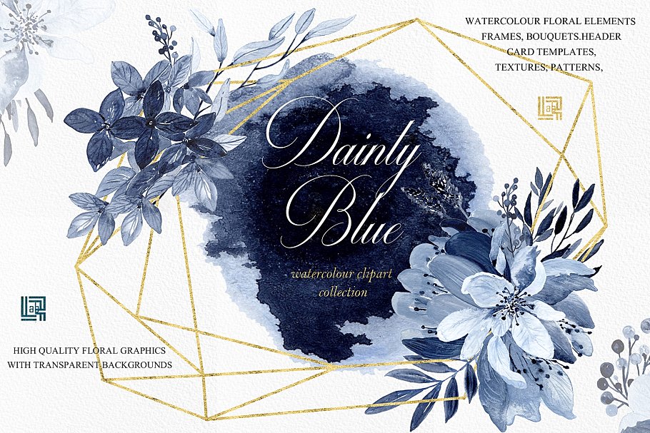 精致的海军蓝手绘花卉 Dainty blue. Navy blue flowers插图