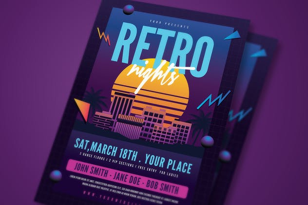 欧美80年代复古夜店风格海报设计模板 Retro Night 80s Flyer插图2
