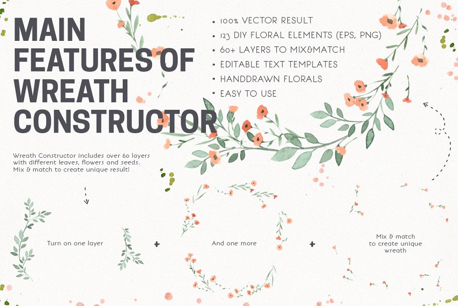水彩花卉插画DIY设计套件 Watercolor Vector Wreath Constructor插图(1)