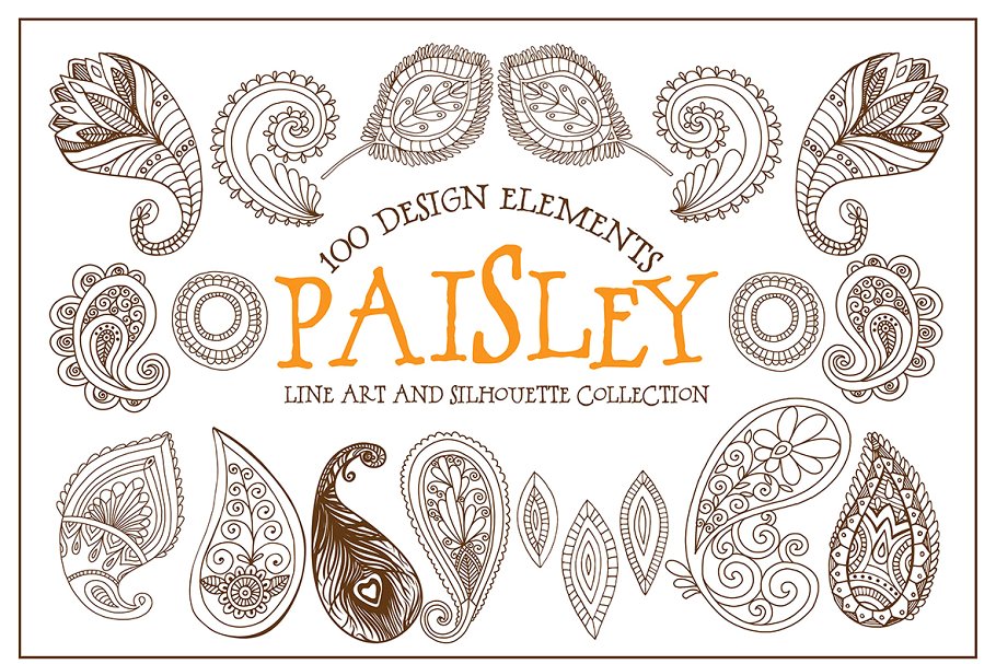 波西米亚风格艺术线条插图素材 Boho Paisley Line Art Illustrations插图