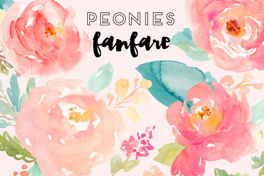 牡丹水彩剪贴画 Peonies Fanfare- Watercolor Clip Art插图