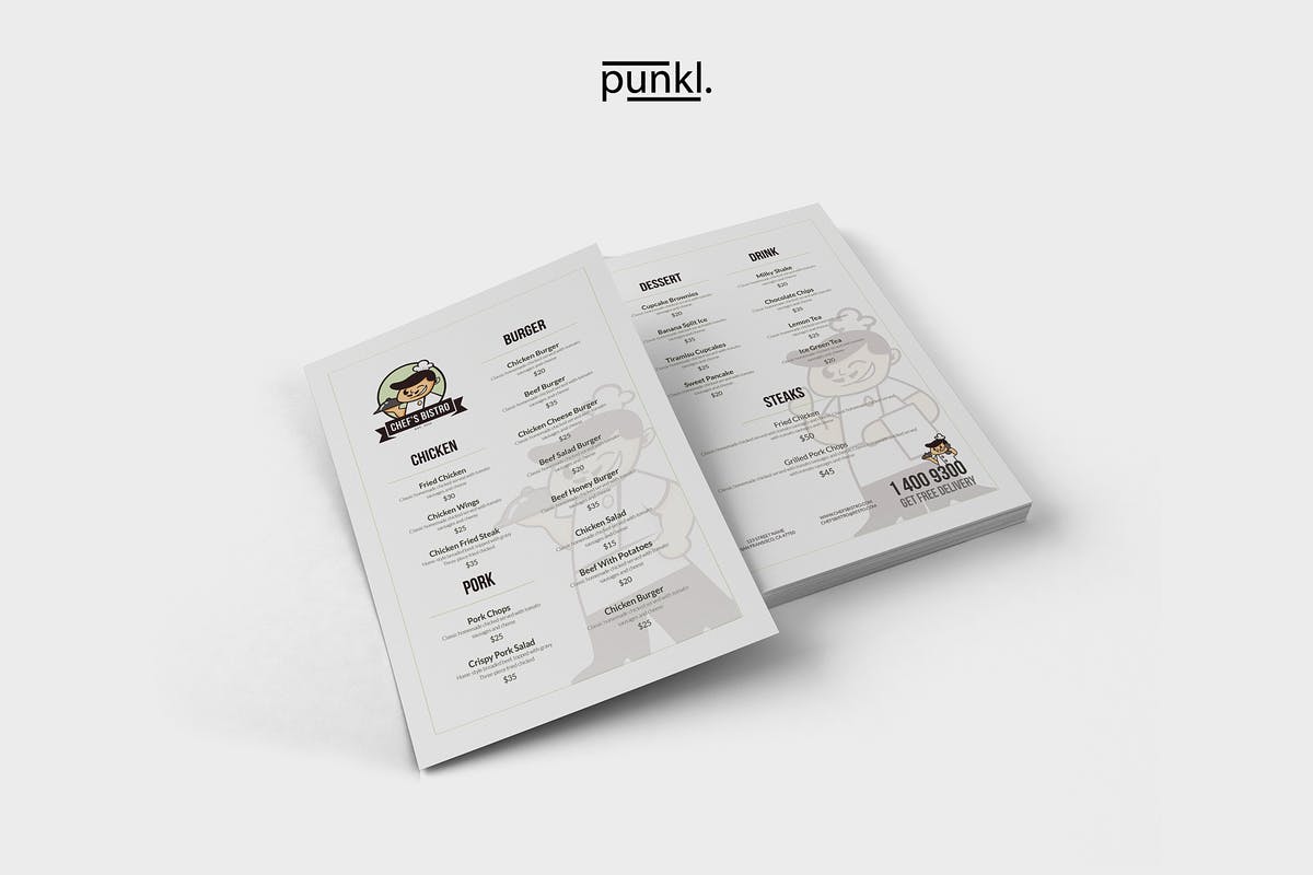 卡通图案餐馆饭店菜单传单设计模板 ChefBistro Food Menu Flyer插图