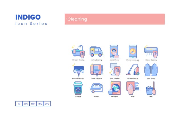 65个靛蓝配色家政清洁服务图标合集 65 Cleaning Icons | Indigo Series插图2