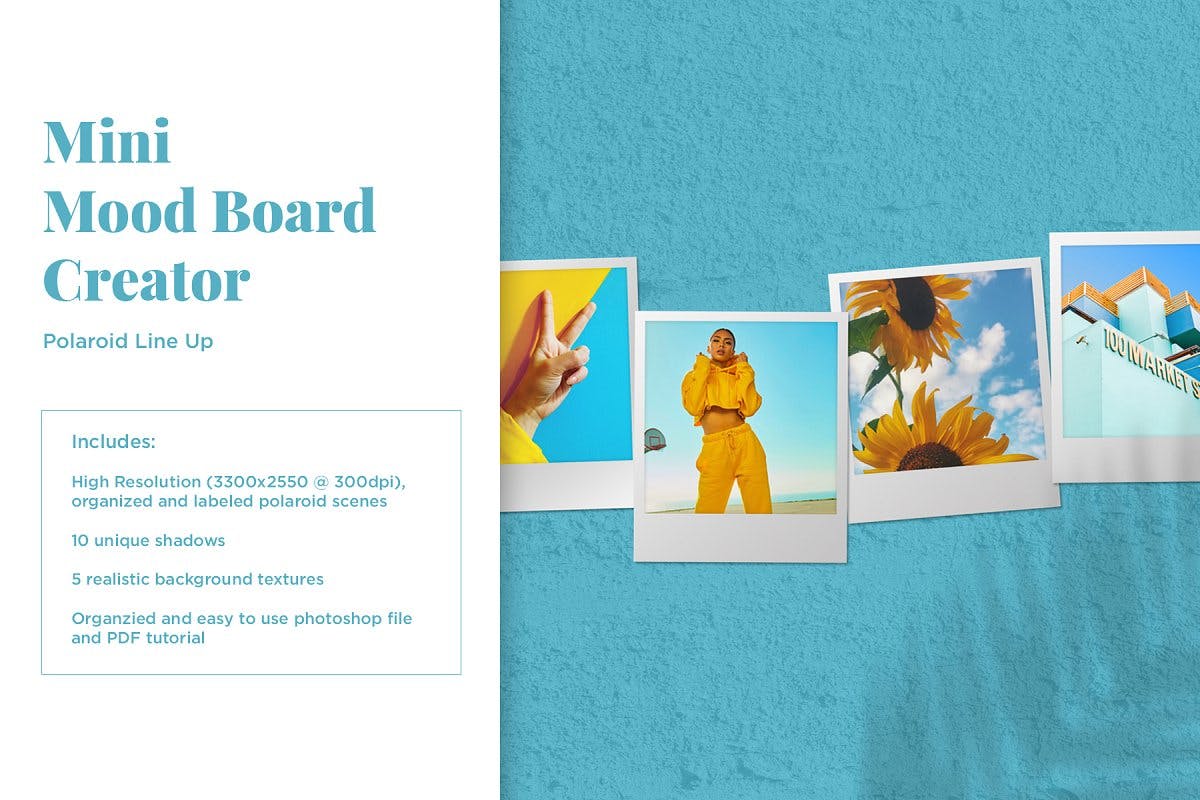 照片墙设计预览样机模板 Mini Mood Board: Polaroid Line Up插图