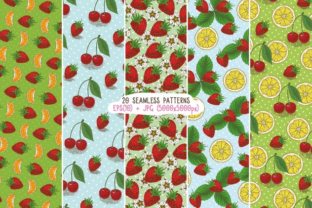 20款手绘水果图案无缝纹理 Fruits Seamless Patterns Set插图(2)