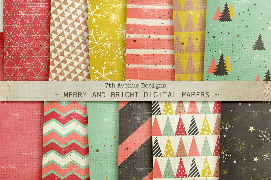 快乐圣诞主题星星亮片元素纸张纹理 Merry and Bright Digital Papers插图