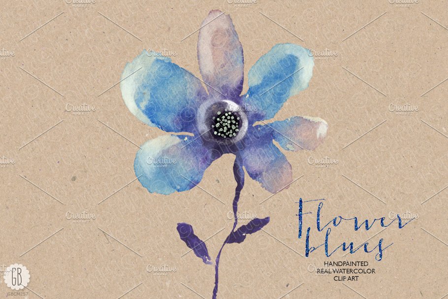 花朵、鸟儿、蝴蝶及乡村背景元素  Aquarelle blue flowers插图(4)