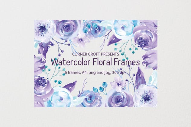 蓝色&紫色水彩花卉框架插画 Watercolor Floral Frame Blue and Purple插图(7)