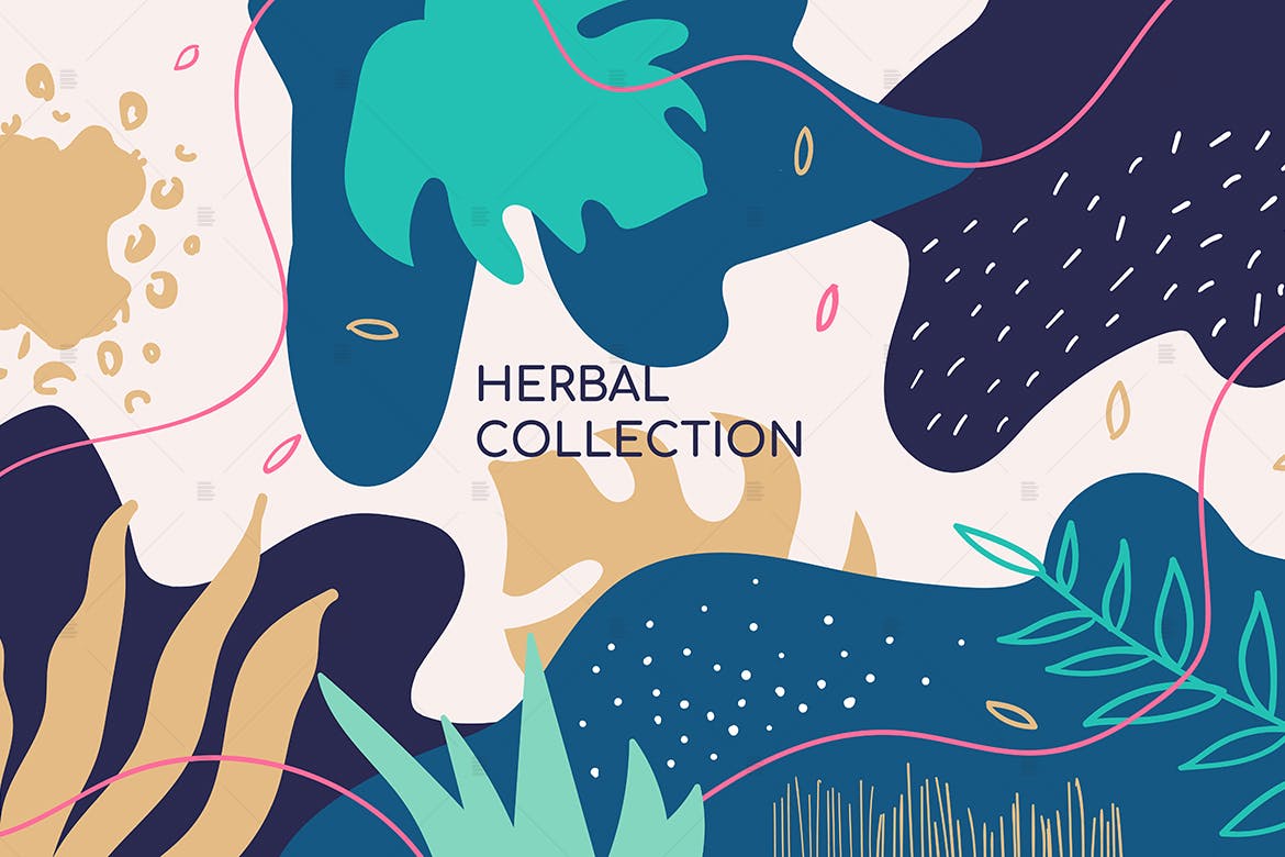 抽象草药植物手绘图案矢量背景素材 Abstract herbal collection colorful banner插图1