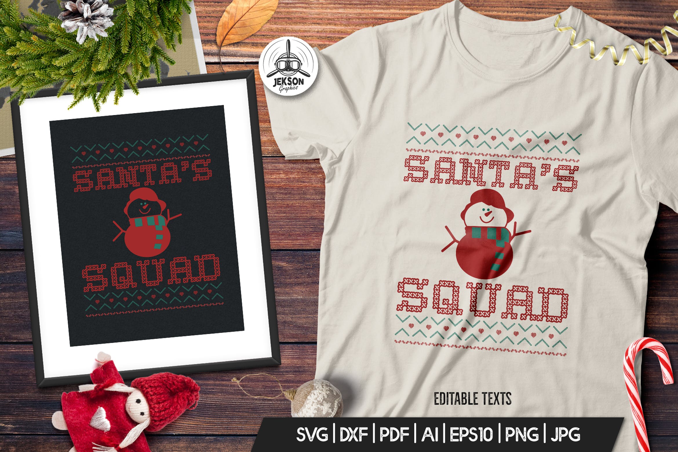 圣诞节主题T恤圣诞老人印花图案设计模板 Christmas Santa Squad Sweater T-Shirt. Xmas Design插图