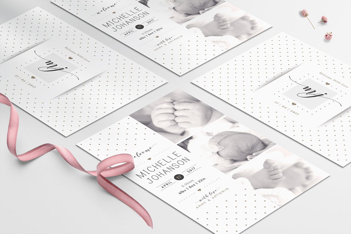 婴儿宝宝满月酒邀请函设计模板 Baby Birth Announcement Card插图(3)