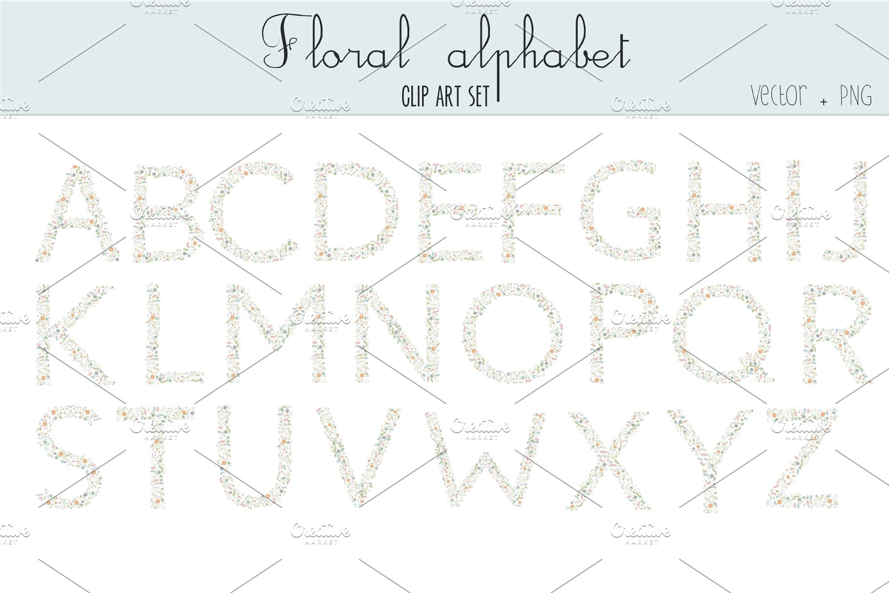 漂亮的手绘水彩花卉字母表剪贴画 Floral alphabet clip art插图1