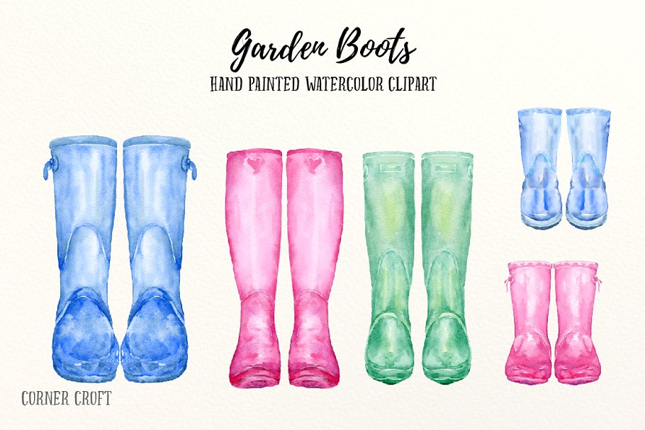 水彩艺术塑胶雨靴花园靴子剪贴画 Watercolor Garden Boots, Wellies插图