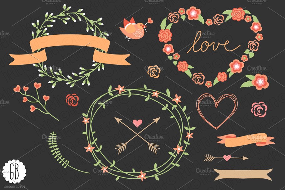 爱情花环玫瑰心形剪贴画 Love wreaths roses heart clip art插图