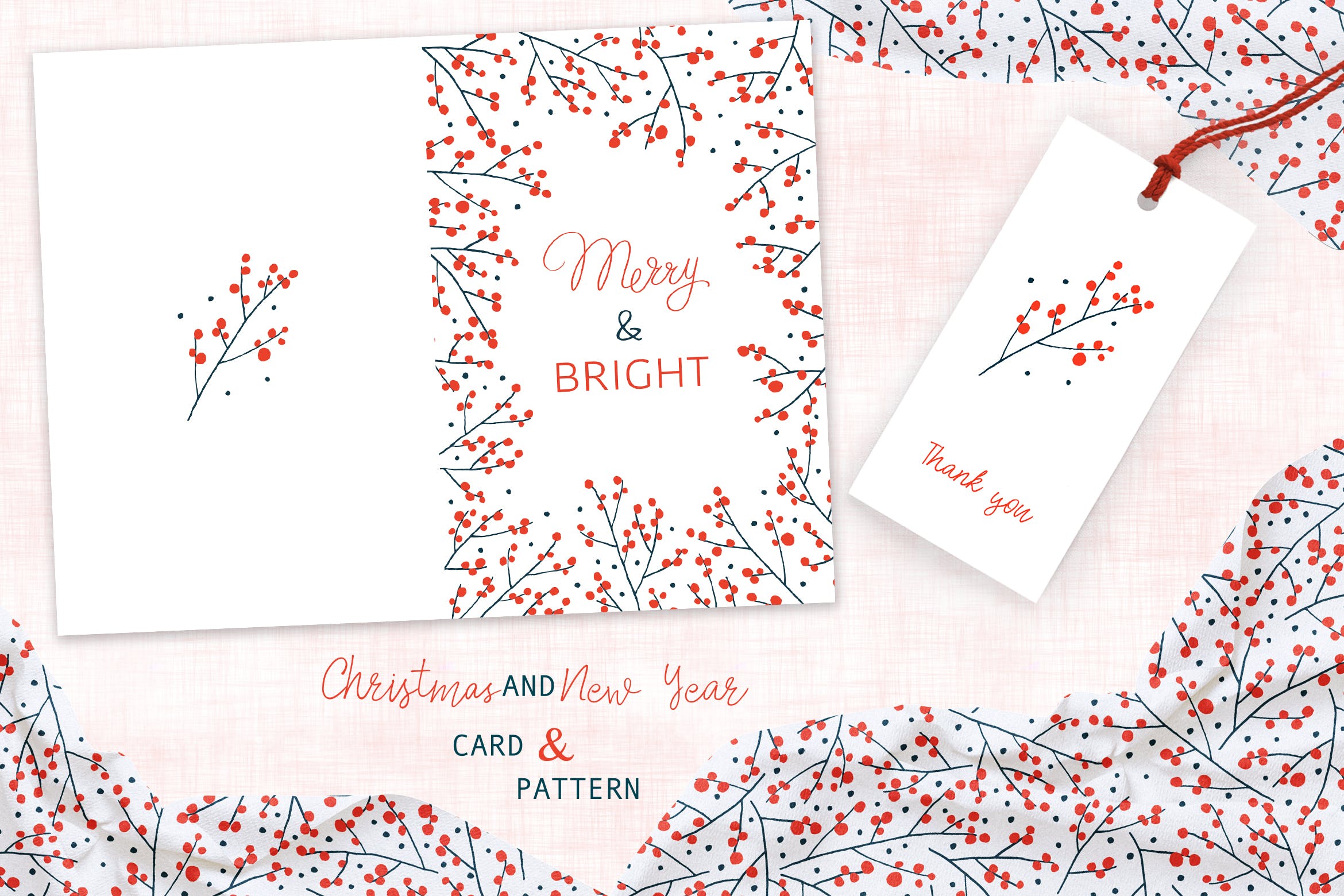 圣诞枝手绘图案背景素材/贺卡设计模板 Christmas Branches Greeting Card and Pattern插图