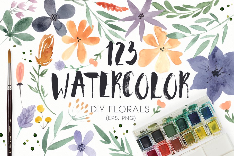DIY水彩花叶系列元素合集 123 DIY Watercolor Flowers (EPS,PNG)插图