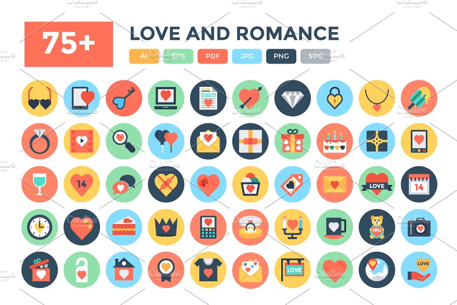 75+爱与浪漫平面图标 75+ Flat Love and Romance Icons插图