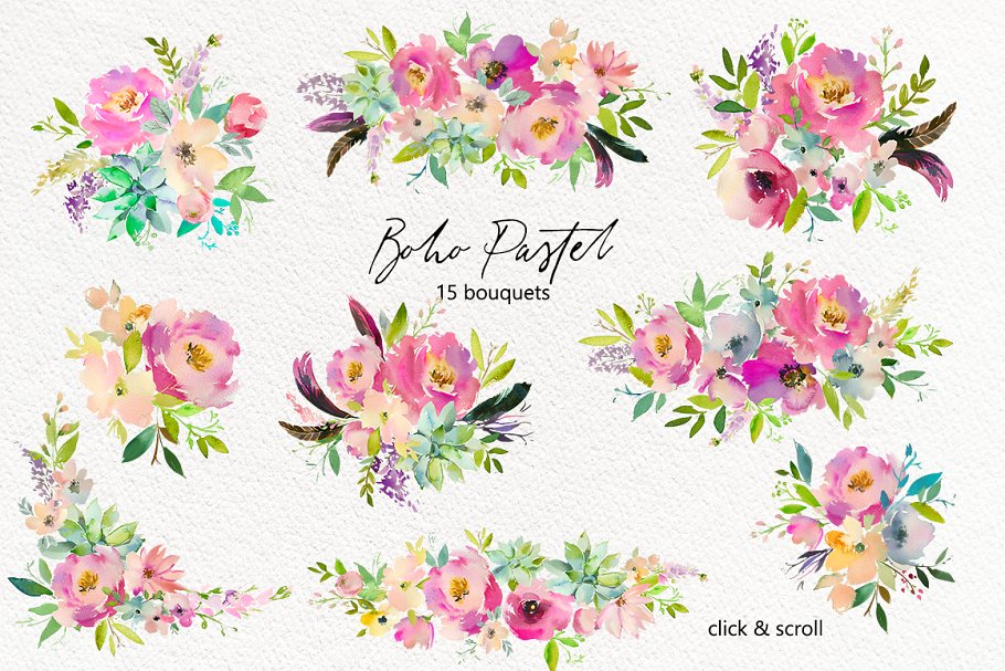 波希米亚式水粉花卉素材集 Boho Pastel Watercolor Flowers Set插图1
