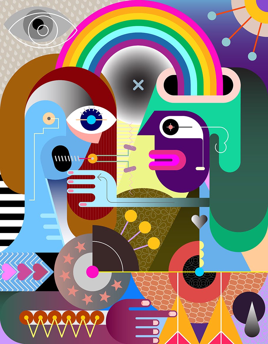 彩虹下的两个人抽象手绘矢量插画 Two people under a rainbow vector illustration插图1
