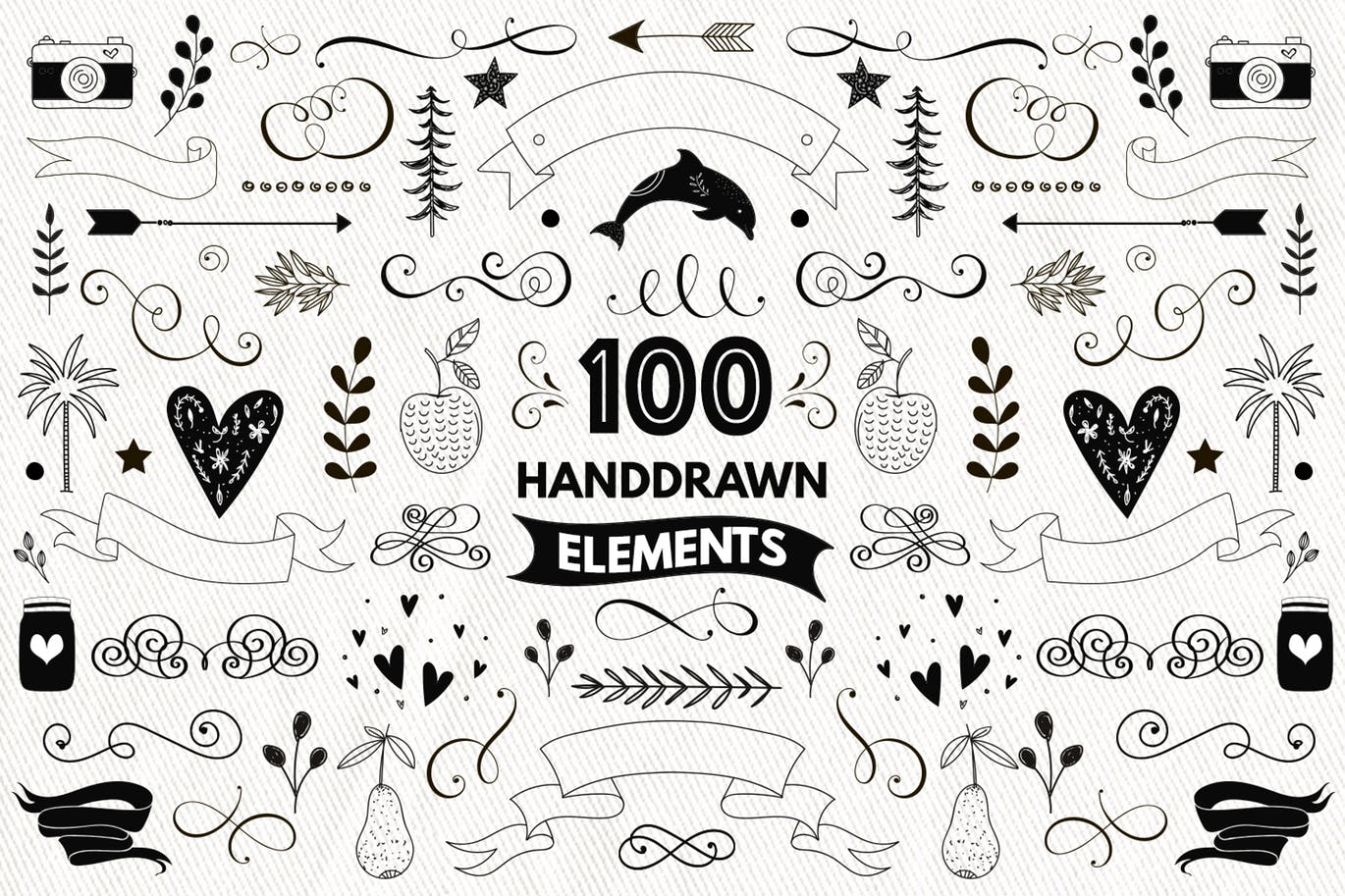 100种手绘装饰元素矢量图案素材 100 Decorative Elements插图1