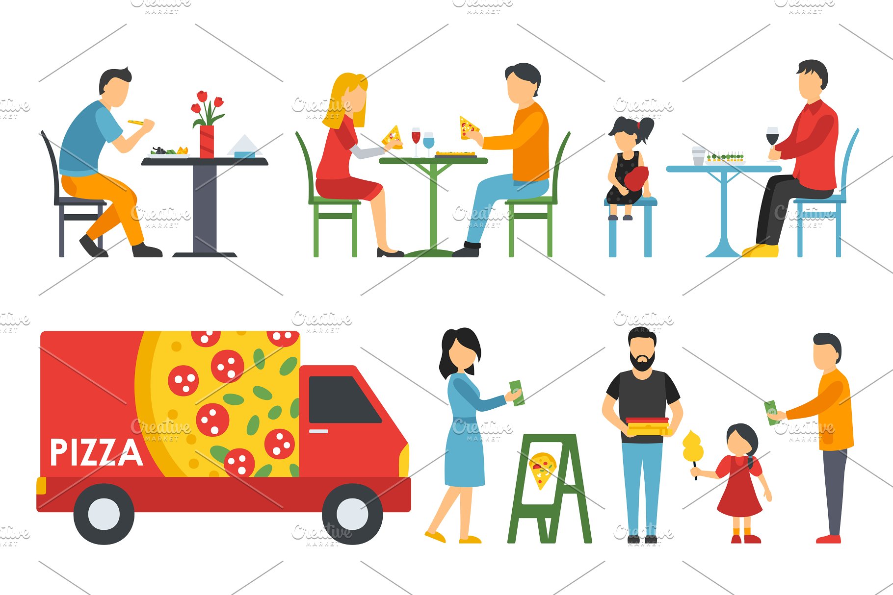 各式职业人员吃披萨形象扁平化设计矢量插画 Pizzeria – flat people set插图(3)