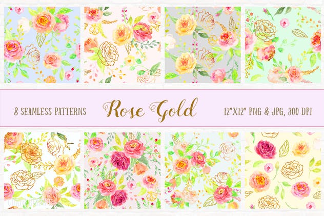 玫瑰金水彩花卉设计素材套装 Watercolor Design Kit Rose Gold插图(4)
