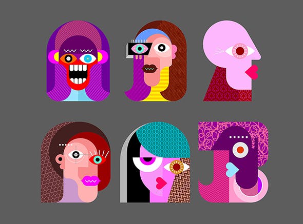 六款抽象女性人脸矢量插画素材 Six Faces / Six Characters vector illustration插图(2)
