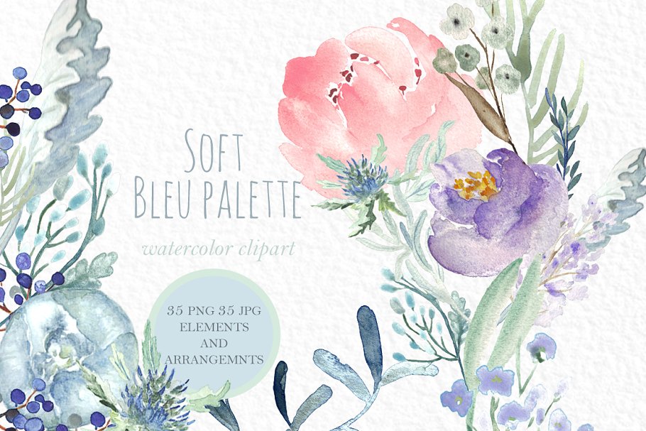 淡蓝色牡丹水彩花插画 Soft Blue Peonies Watercolor flowers插图