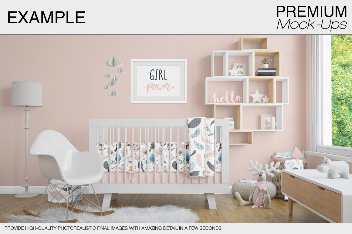 高品质的婴儿床 & 90个相框展示样机下载 Nursery Crib Wall & 90 Frames [psd]插图(12)