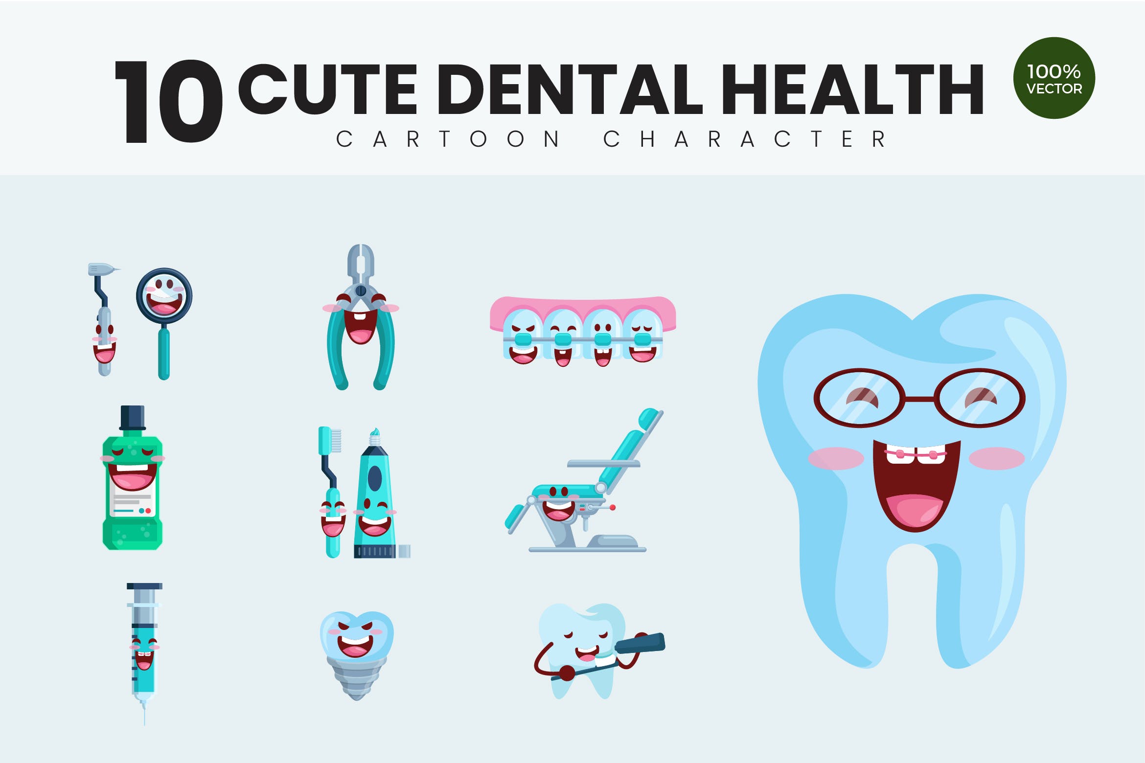 10个牙齿保健护理主题卡通形象矢量插画 10 Cute Dental Health Vector Illustration插图
