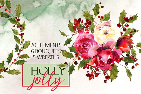 圣诞水彩剪辑集（一堆圣诞元素） Holly Steams Christmas Watercolors插图