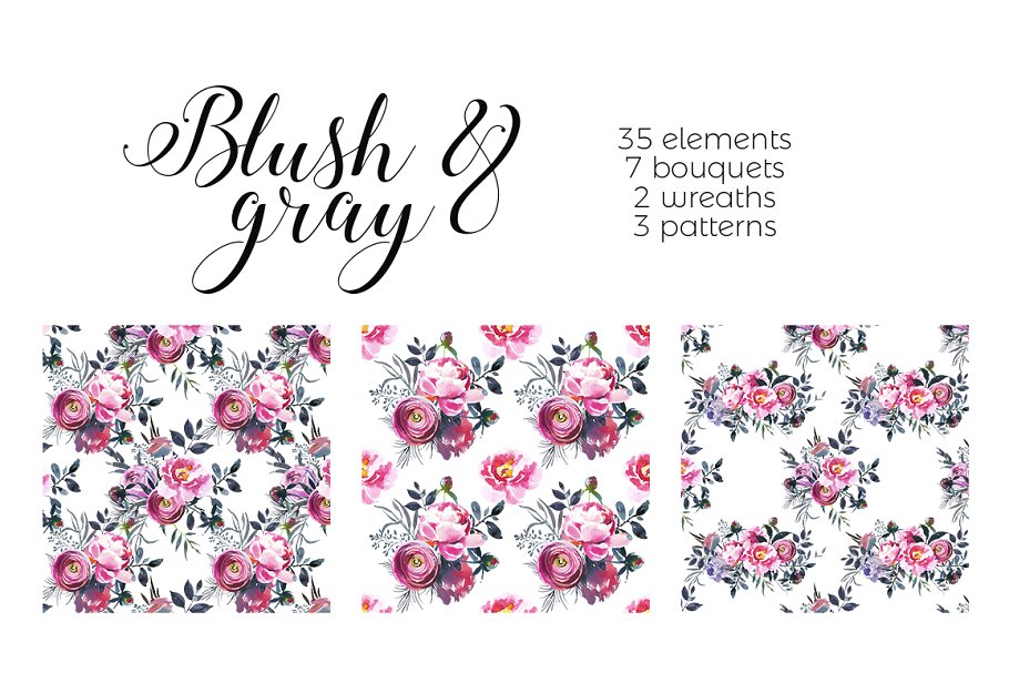 腮红和灰色水彩花卉插画 Blush & Gray Watercolor Flowers插图(3)