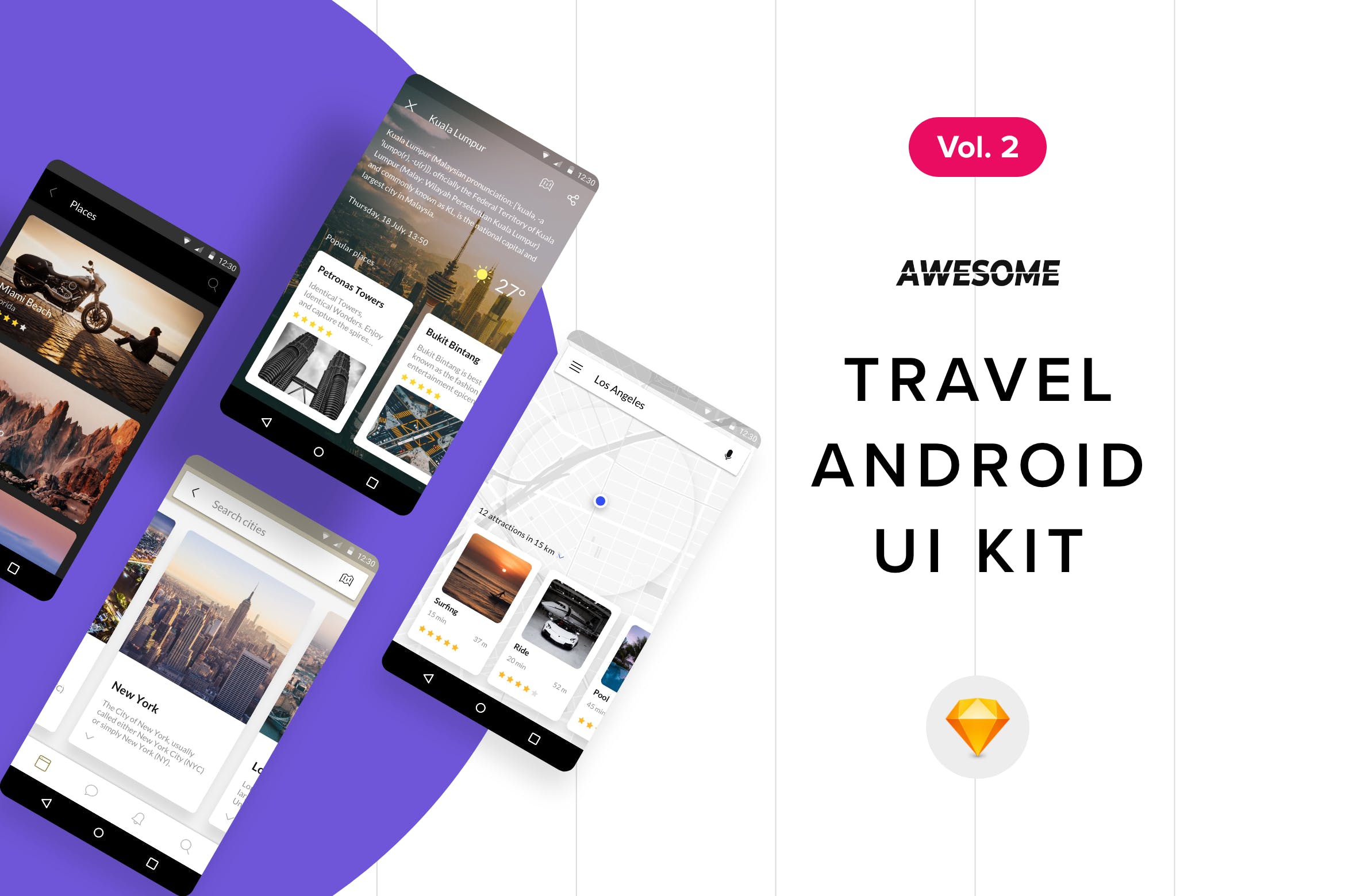 安卓平台旅游APP应用用户交互界面设计SKETCH模板v2 Android UI Kit – Travel Vol. 2 (Sketch)插图