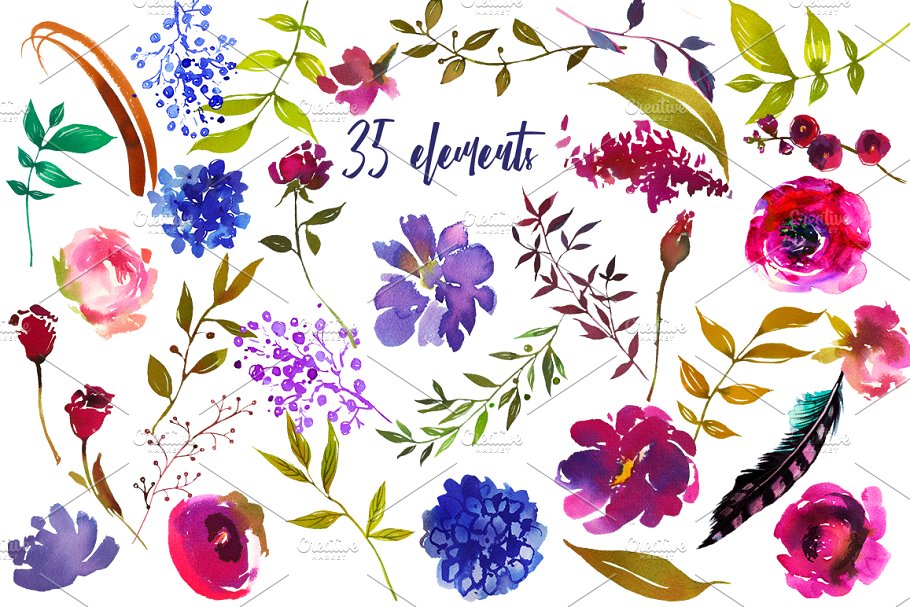 蓝莓色&海军蓝水彩花卉剪贴画 Berry & Navy Watercolor Flowers PNG插图(5)