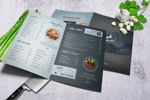 BBQ烧烤餐厅/西餐厅双页菜单设计模板 Siberia BiFold Menu – A4 and US Letter插图(1)
