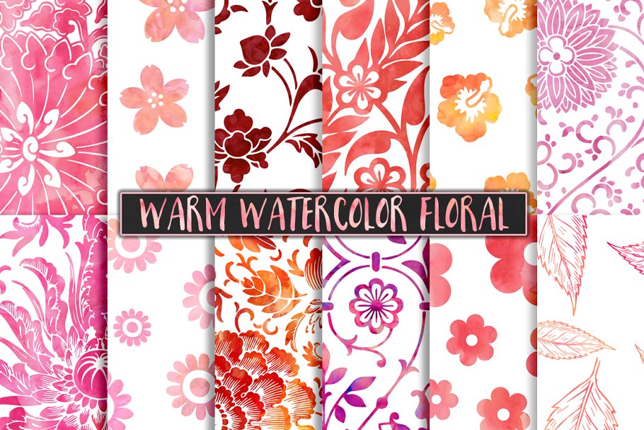 暖色调水彩花卉纹理背景 Warm Watercolor Floral Patterns插图