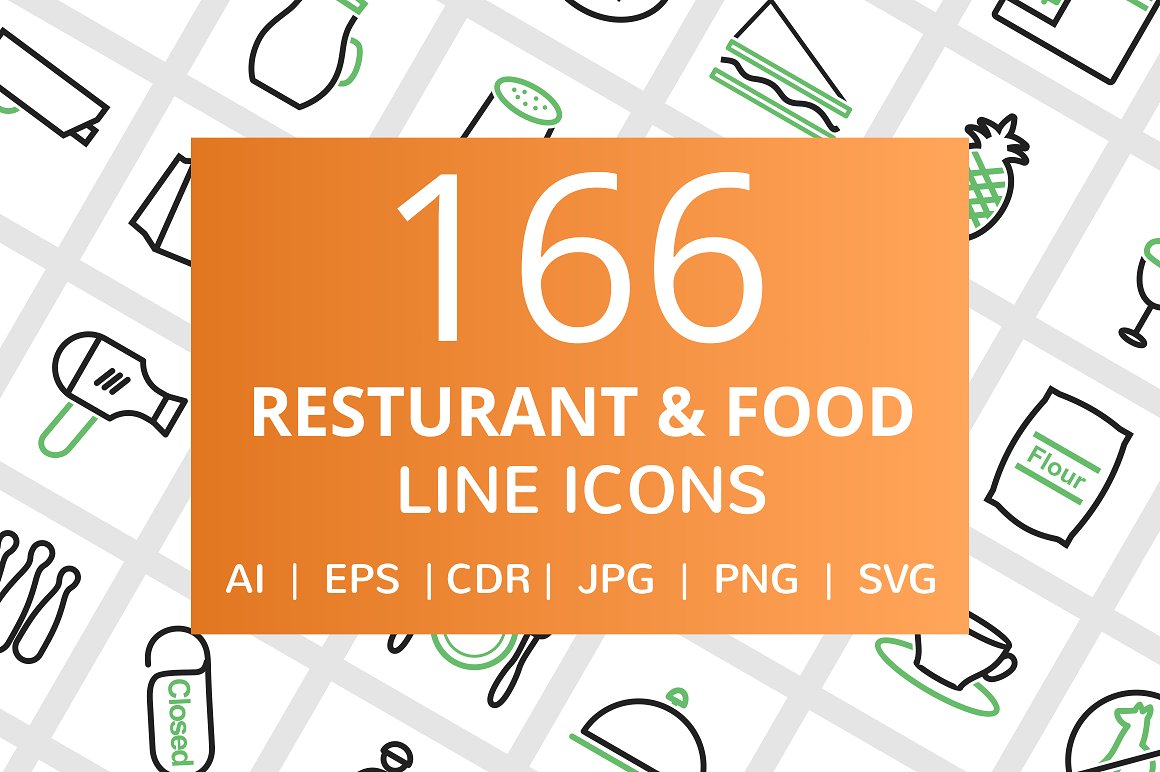 166＋餐厅和食物特色线框图标插图