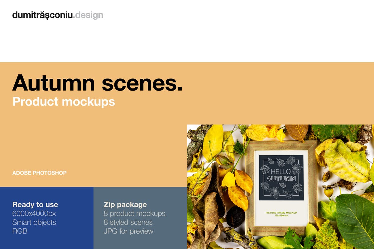 秋天落叶背景画框相框样机 Natural Autumn – Product Mockups插图