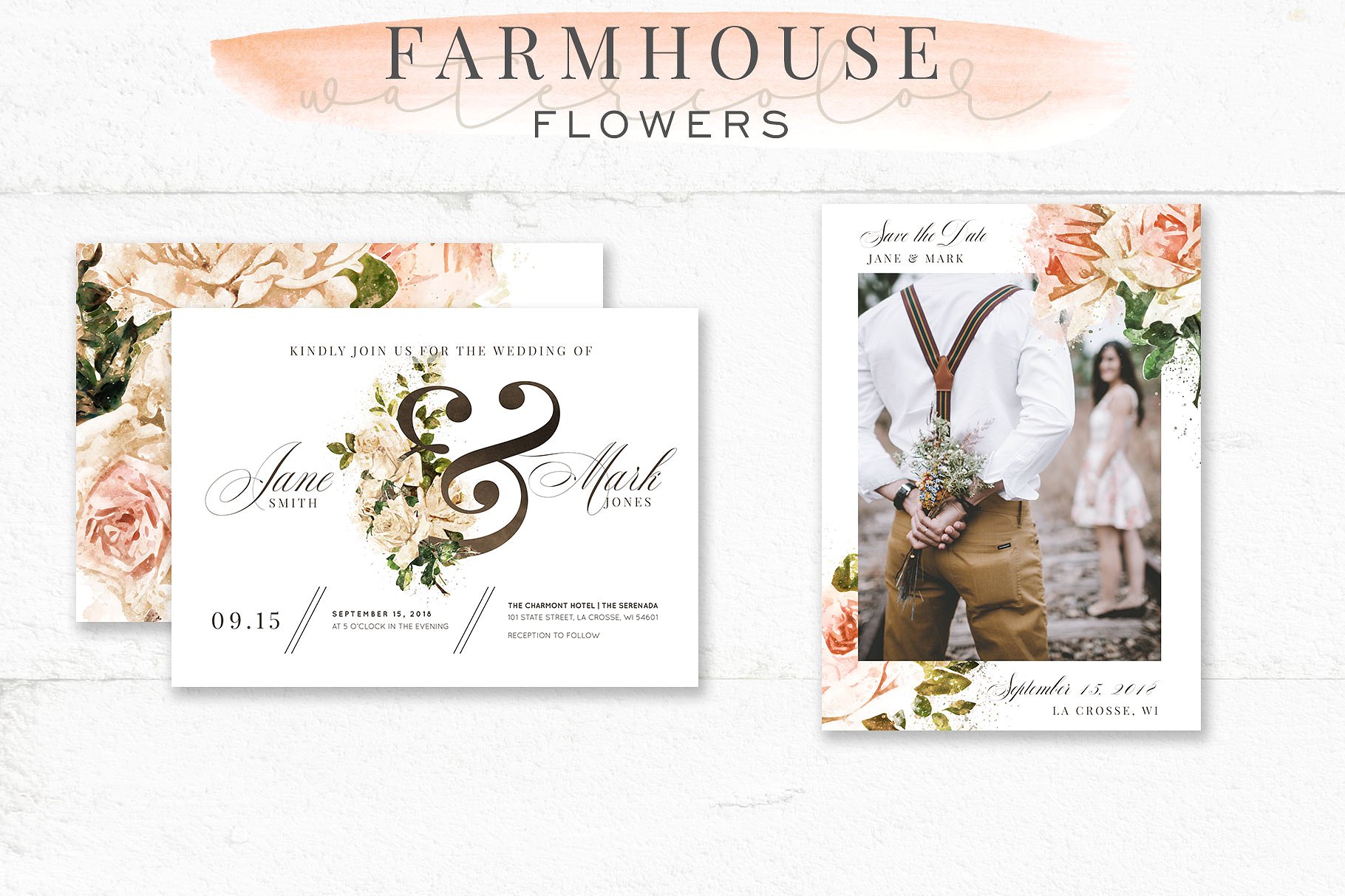 古典风格玫瑰/树叶/装饰字母/花环和花束剪贴画合集 Farmhouse Watercolor Flowers插图(1)