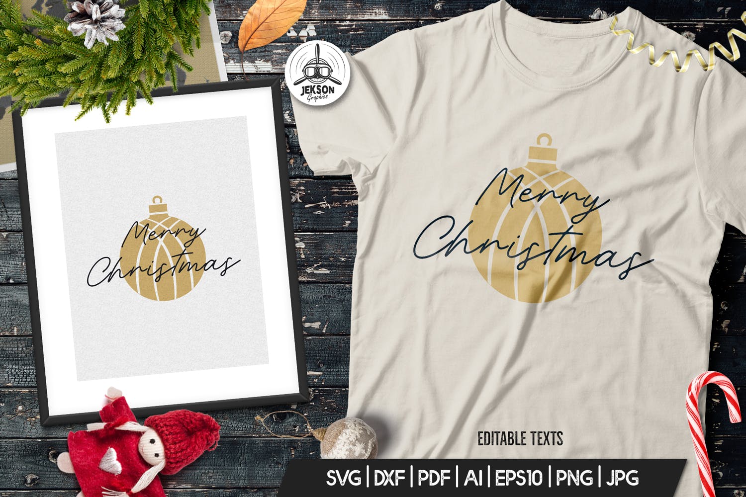 圣诞节主题T恤圣诞装饰球&祝语印花图案设计模板 Christmas Ball T-Shirt. Vector Print, Xmas Quote插图1