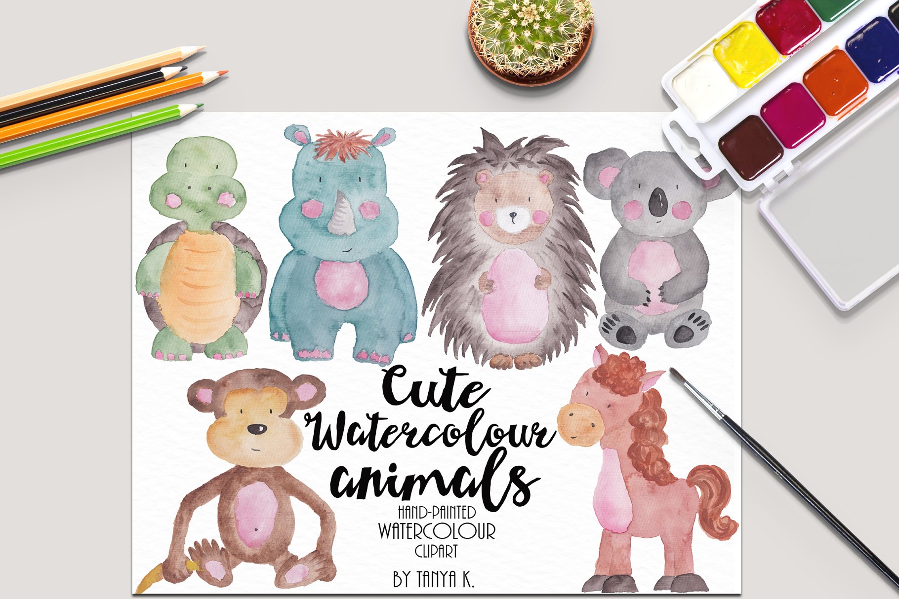 可爱卡通动物水彩剪贴画 Cute Watercolor animals clipart插图(1)