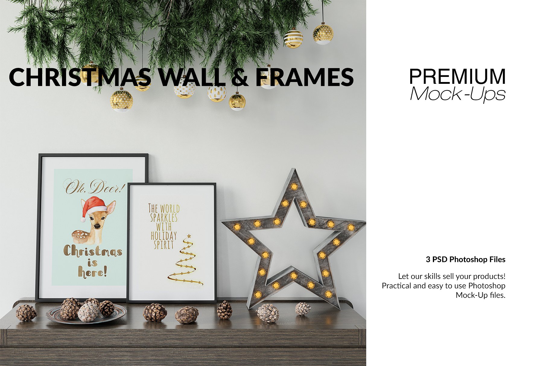 高品质的圣诞节画框框架和墙壁装饰展示样机 Christmas Frames & Wall Set [psd,jpg]插图