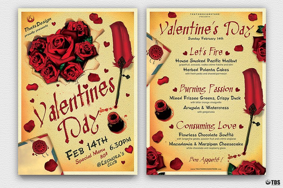 情人节主题传单+菜单PSD模板 V5 Valentines Day Flyer+Menu PSD V5插图(1)