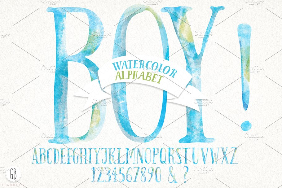 手绘的天空蓝色水彩字母 Watercolor baby boy alphabet插图
