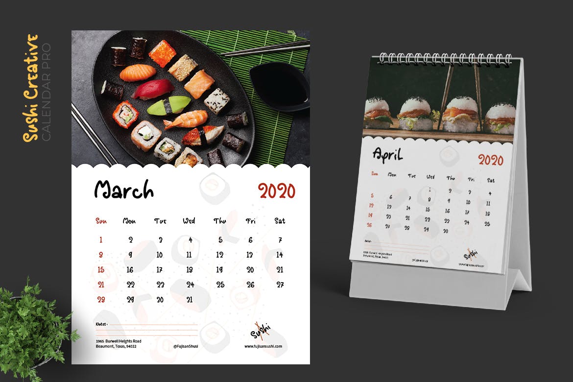 寿司日式料理店定制设计2020年日历表设计模板 2020 Sushi Asian Resto Creative Calendar Pro插图(2)