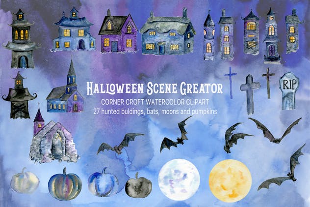 万圣节水彩元素场景生成器 Watercolor Halloween Scene Creator插图(3)