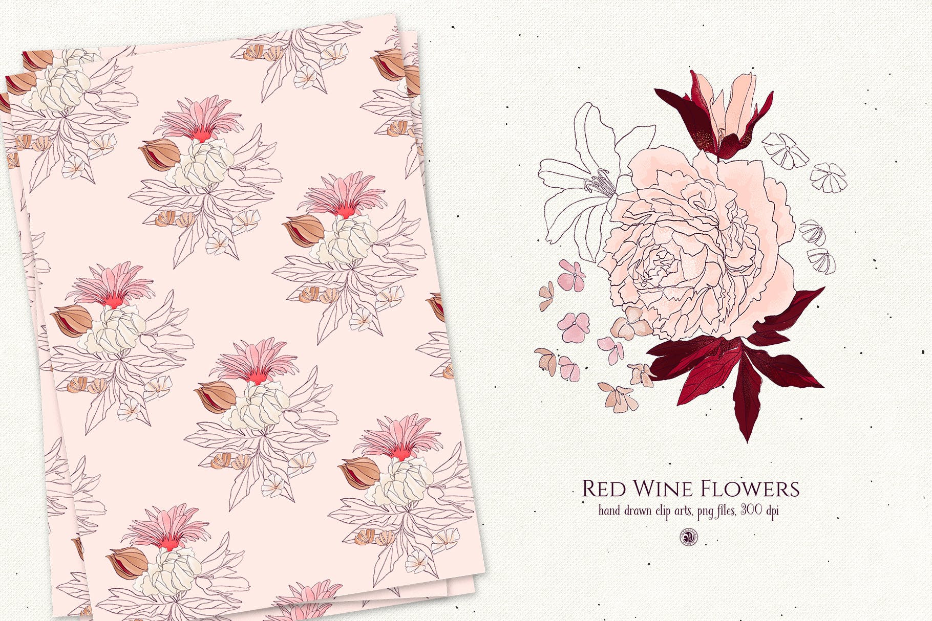 酒红色水彩手绘花卉PNG素材 Red Wine Flowers插图(5)
