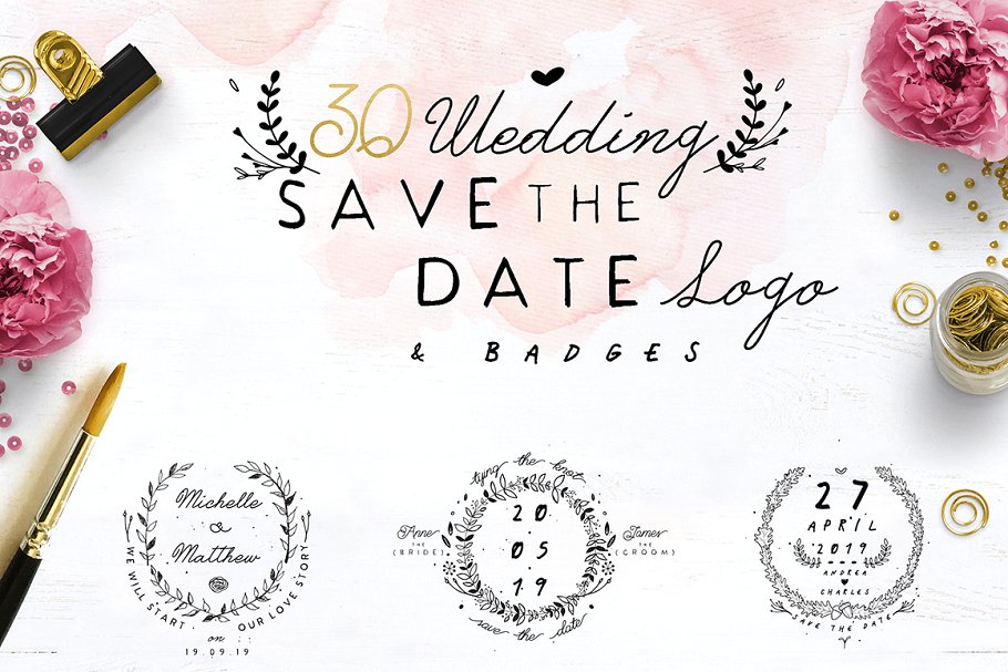 30款预留时间花环徽章Logo模板 30 Save the Date Wreath Logo插图(5)